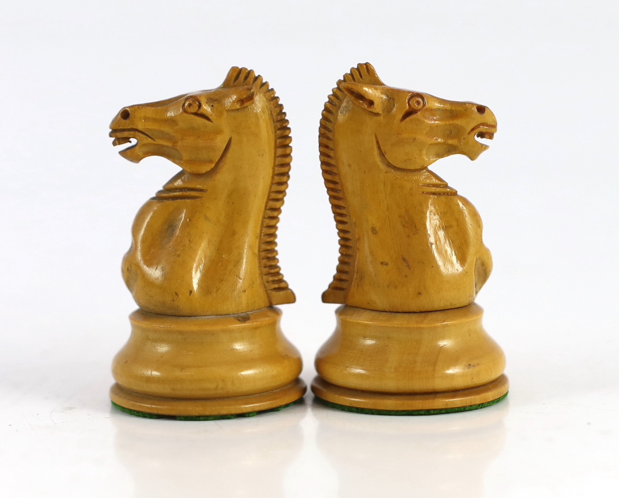 A Jacques ebony and boxwood Staunton pattern chess set, 44 x 39cm when open